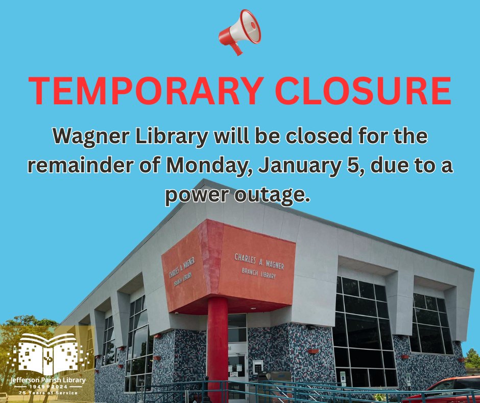 Wagner Library will be temporarily closed for the remainder of Monday, January 5, due to a power outage. We expect to resume normal hours on Tuesday.