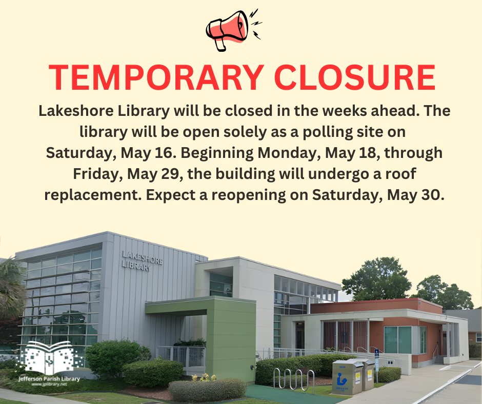 On Saturday, May 16, the library will be open solely as a polling station. Beginning Monday, May 18, and continuing through Friday, May 29, the library will be closed to the public as a new roof is installed and the HVAC system repositioned. We anticipate reopening on Saturday, May 30. Stay tuned for additional details. We apologize for the inconvenience and encourage patrons to visit other libraries in the system for the duration of this temporary shutdown.